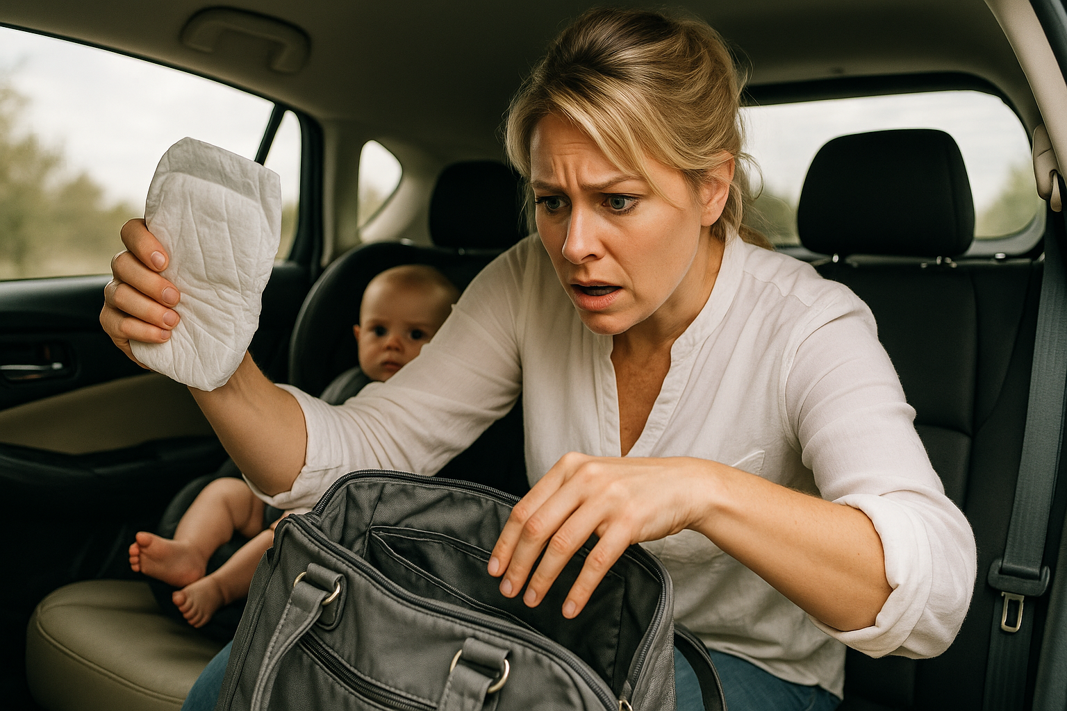 A parent frantically searching for diaper supplies in the backseat of a car.